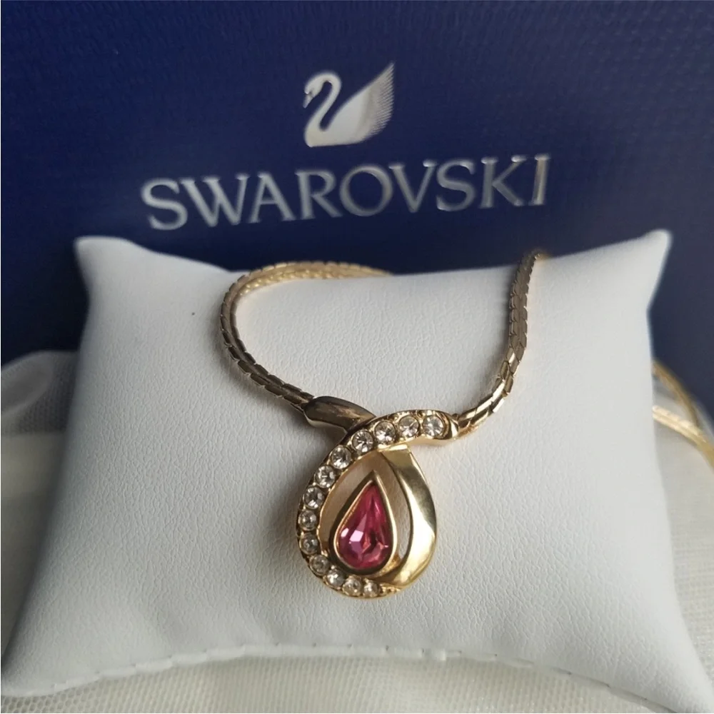AUTHENTIC Swarovski 24k Gold Plated Pink Teardrop Necklace RARE